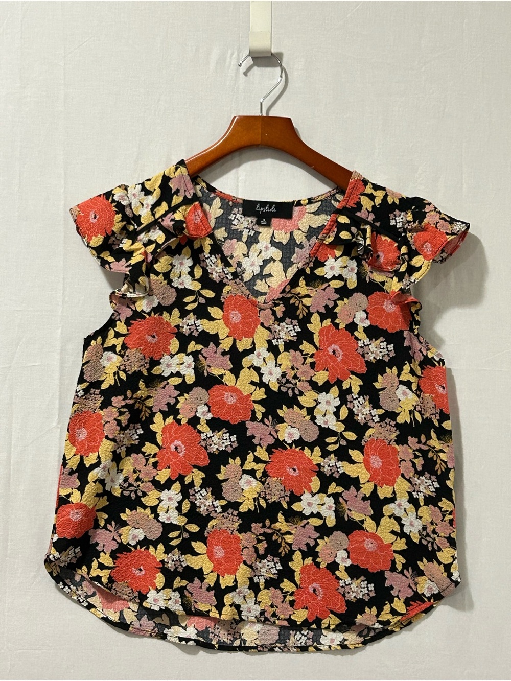 Lipslide - Floral V-Neck Ruffle Sleeve Blouse with Coral & Yellow Flowers